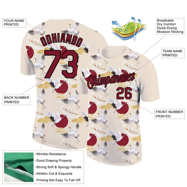 Custom Cream Crimson-Black 3D Pattern Design Animal Crane Performance T-Shirt