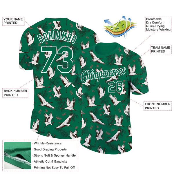 Custom Kelly Green White 3D Pattern Design Animal Crane Performance T-Shirt