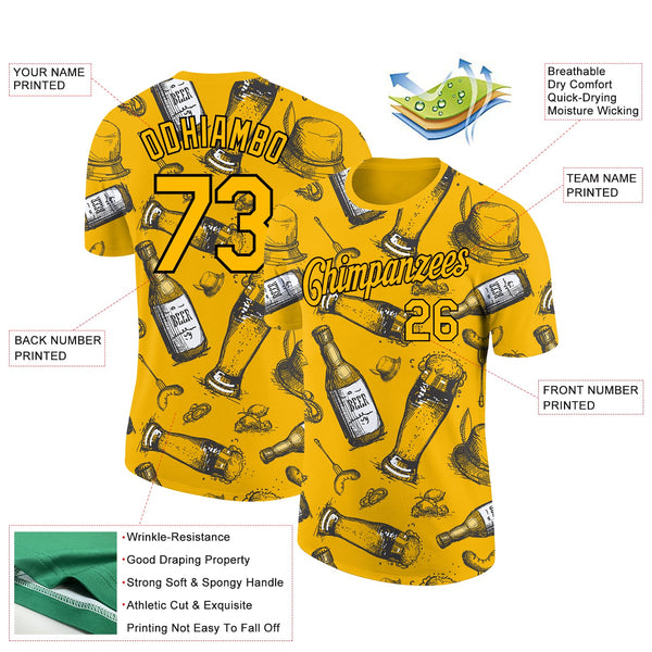 Custom Gold Black 3D Pattern Design Oktoberfest Beer Festival Performance T-Shirt