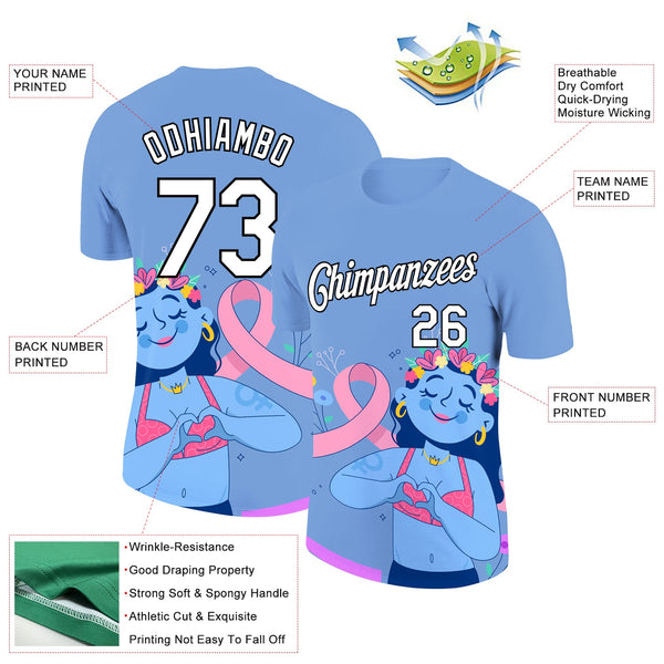 Custom Light Blue White-Black 3D Pink Ribbon Breast Cancer Performance T-Shirt
