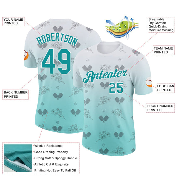 Custom Blue Teal-White 3D Gradient Pickleball Paddles Balls Floral Performance T-Shirt