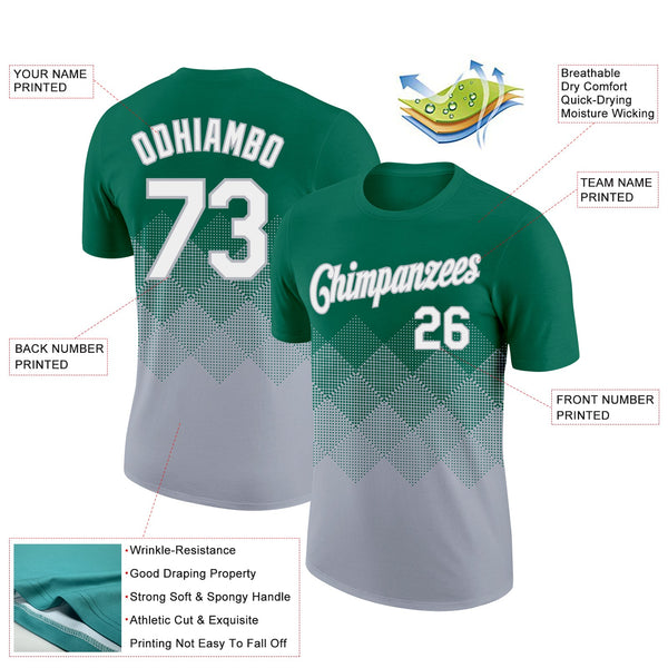 Custom Kelly Green White-Gray 3D Pattern Design Gradient Square Shapes Performance T-Shirt