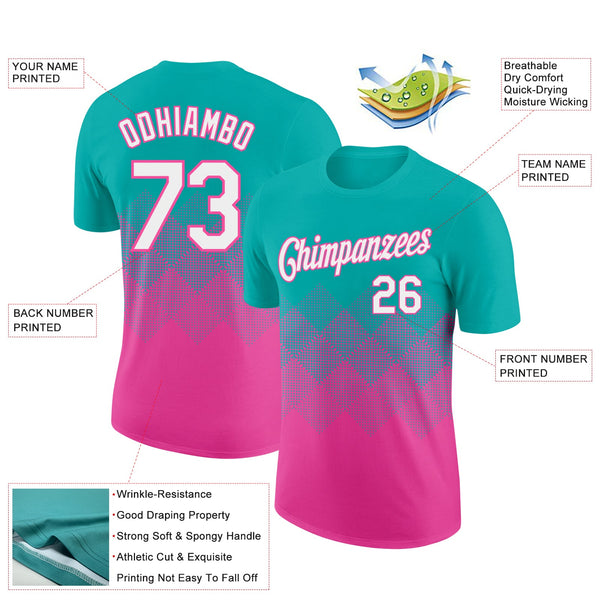Custom Aqua White-Pink 3D Pattern Design Gradient Square Shapes Performance T-Shirt