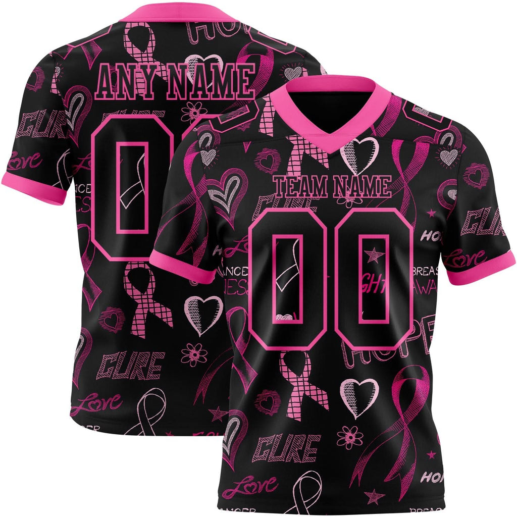 Custom Black Pink 3D Pattern Pink Ribbon Breast Cancer Awareness Month Women Health Care Support Mesh Authentic Football Jersey