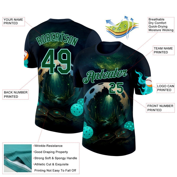 Custom Blue Green-Ice Blue 3D Pickleball Paddles Balls Fantasy Performance T-Shirt