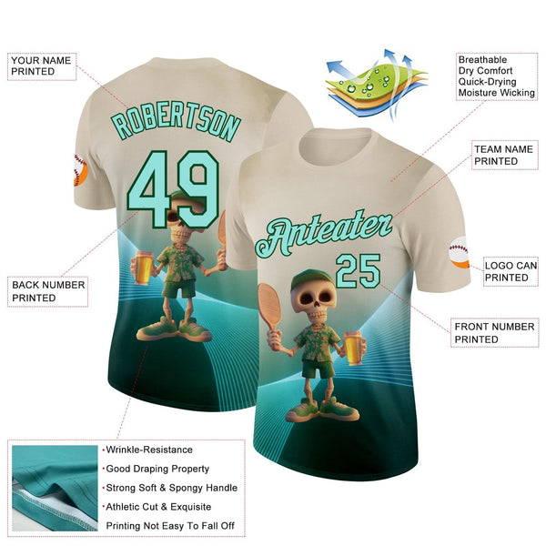 Custom Cream Ice Blue-Green 3D Funny Pickleball Paddles Skeleton Performance T-Shirt
