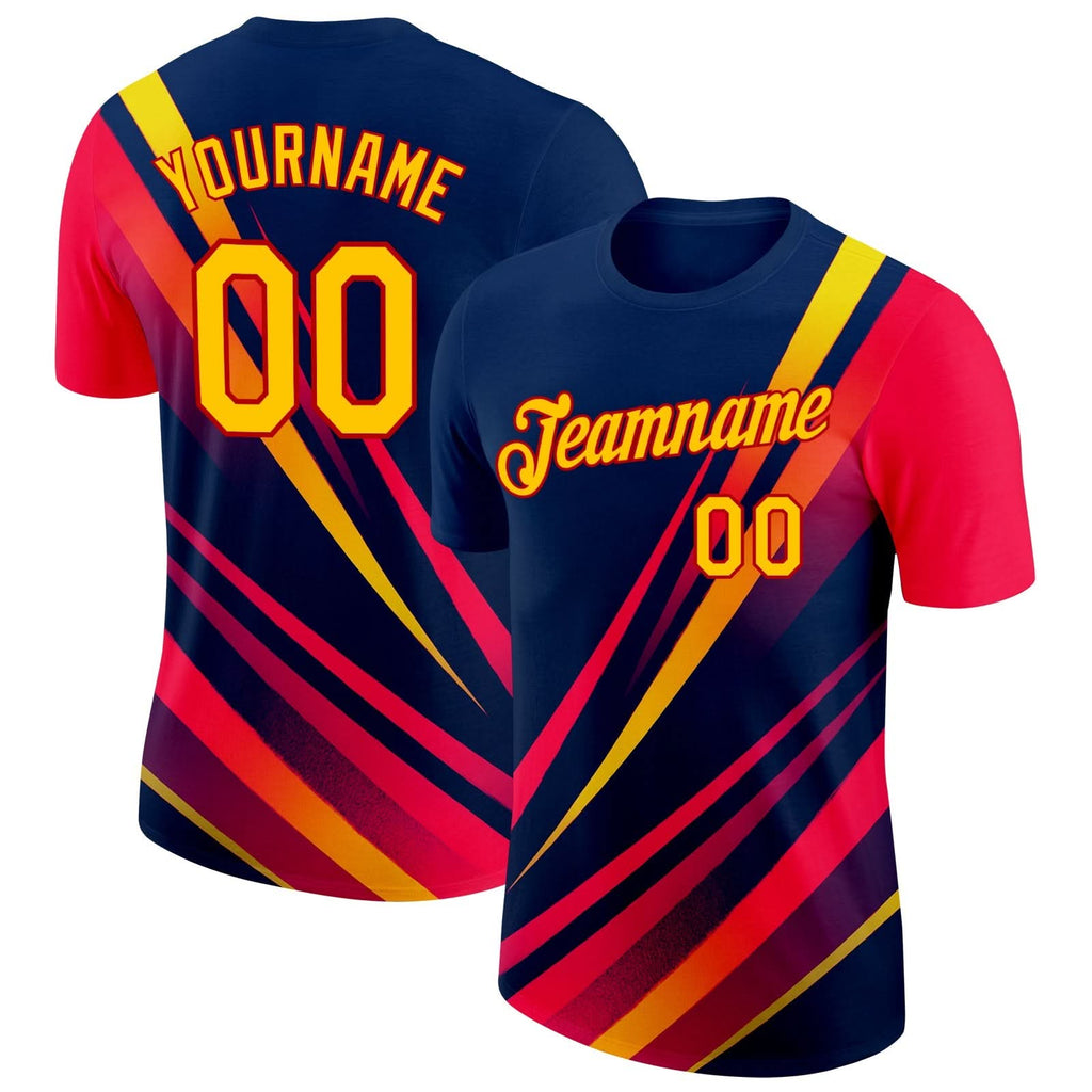 Custom Blue Yellow-Red 3D Pattern Design Gradient Line Sport Wear Performance T-Shirt