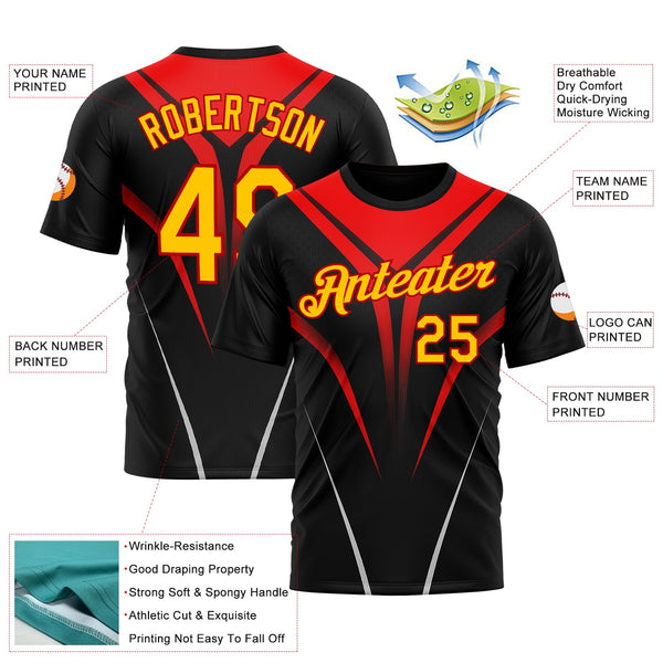Custom Black Yellow-Red 3D Pattern Design Gradient Line Sport Wear Performance T-Shirt