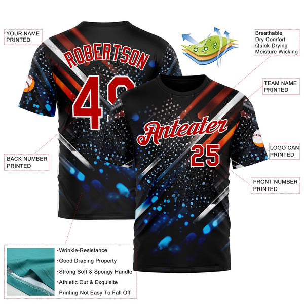 Custom Blue Red-White 3D Pattern Design Water Droplet Sport Wear Performance T-Shirt