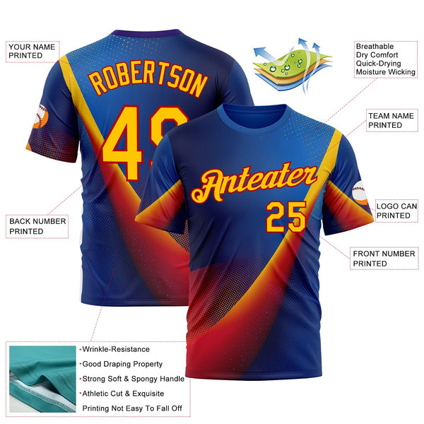Custom Blue Yellow-Red 3D Pattern Design Romania Colombia Sport Wear Performance T-Shirt