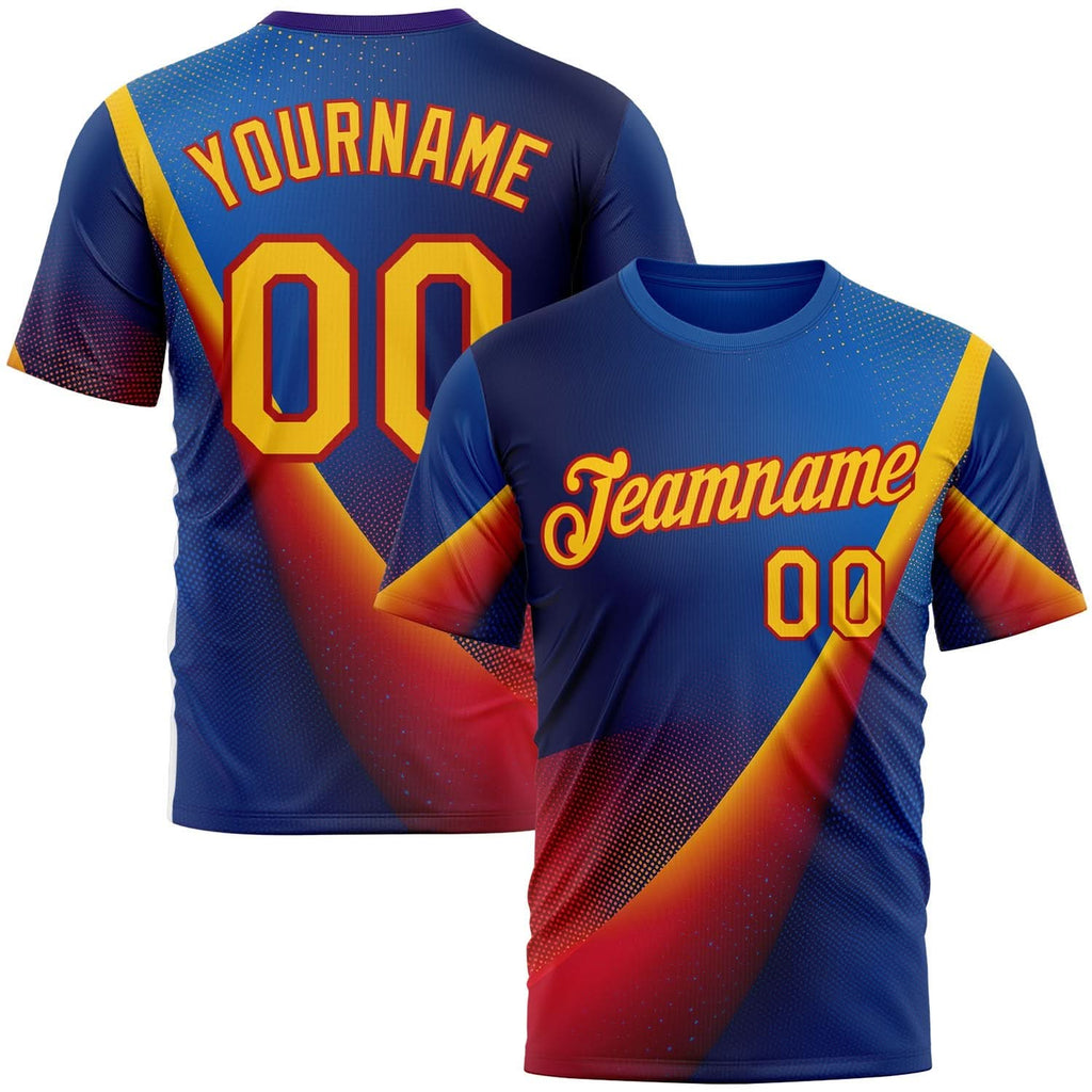 Custom Blue Yellow-Red 3D Pattern Design Romania Colombia Sport Wear Performance T-Shirt