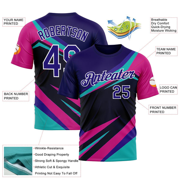 Custom Blue Dark Purple Black Pink-White 3D Pattern Design Line Sport Wear Performance T-Shirt