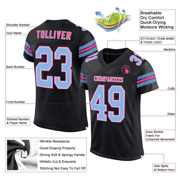 Custom Black Light Blue-Pink Mesh Authentic Football Jersey