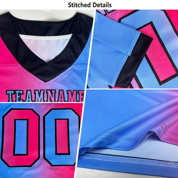 Custom Light Blue Pink-Black Mesh Authentic Gradient Fashion Scratch Football Jersey