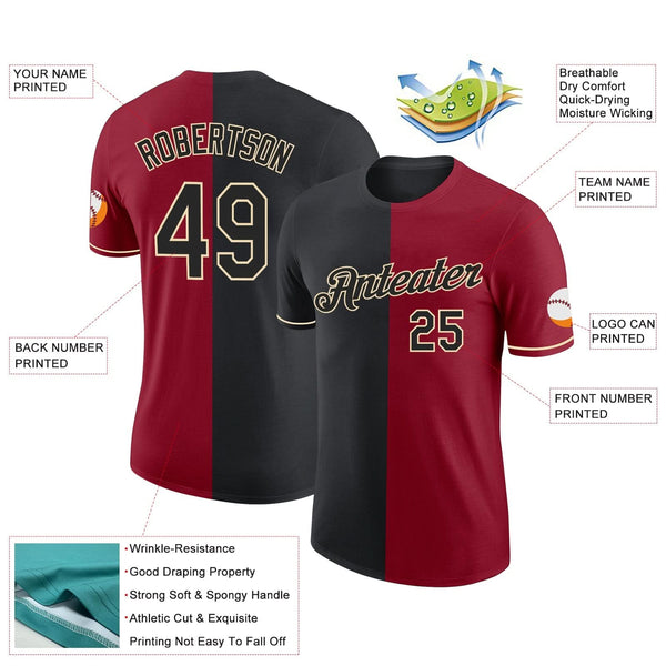 Custom Crimson Black-Cream Split Fashion Performance T-Shirt
