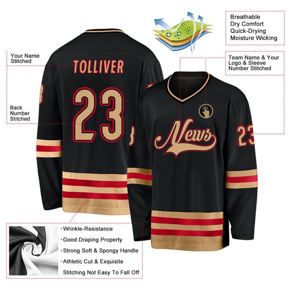 Custom Black Old Gold-Red Hockey Jersey