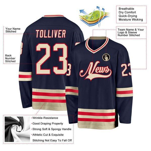 Custom Navy Cream-Red Hockey Jersey
